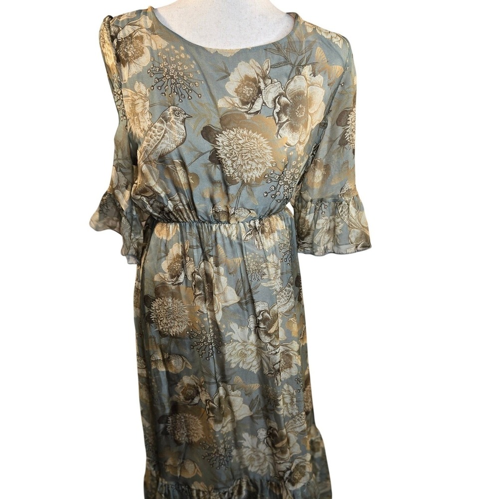 Le Ragazze Floral Bird Print Fairy Bell‎ Sleeve Luxury Silk Midi Dress